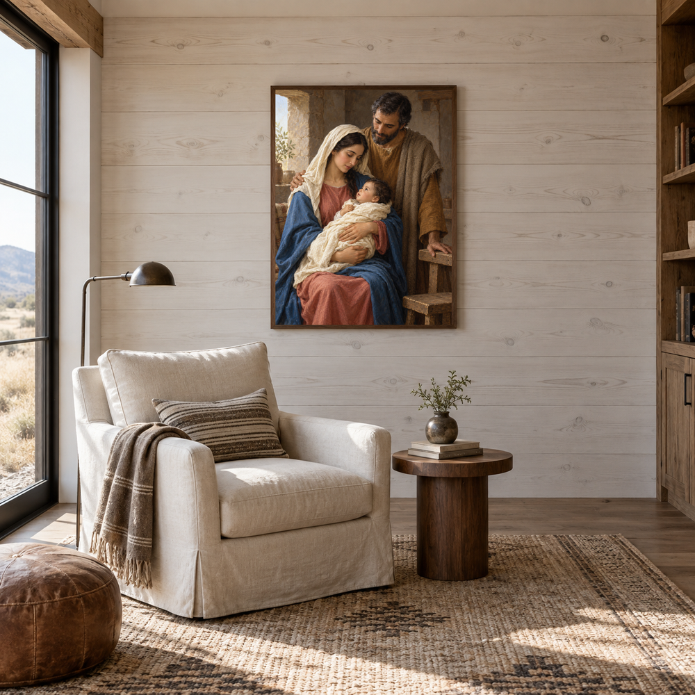 The Holy Family oil painting displayed in a reading room
