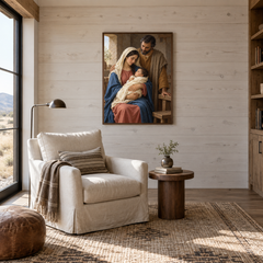 The Holy Family oil painting displayed in a reading room