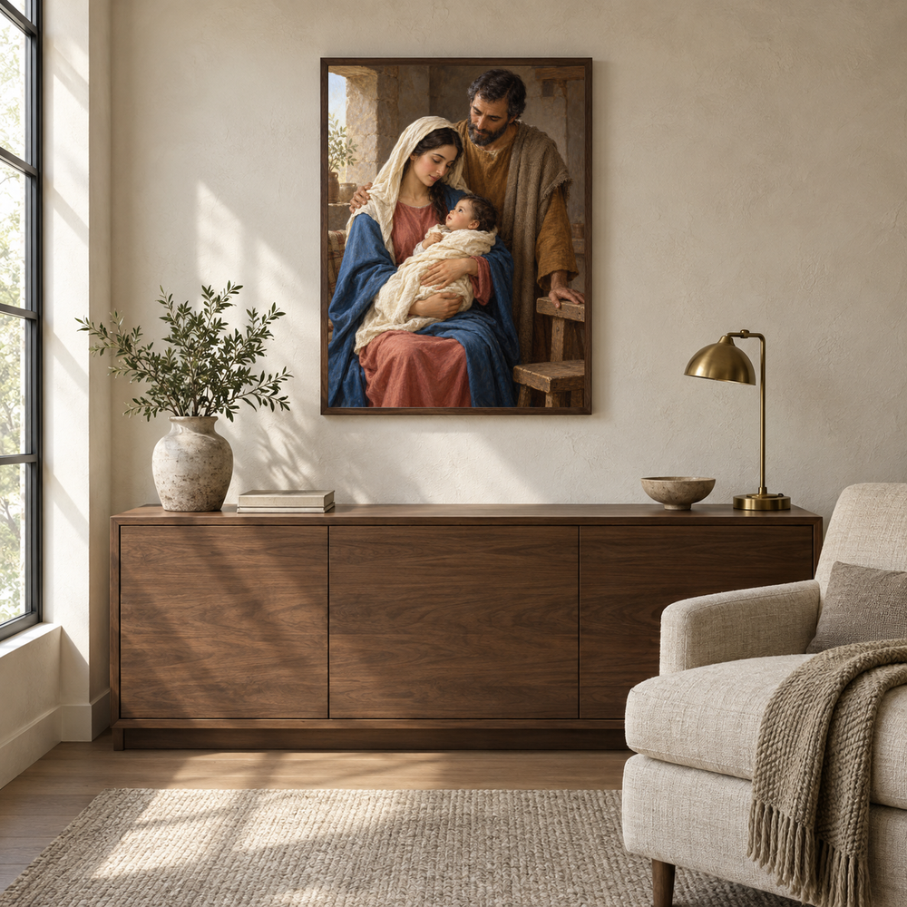 The Holy Family oil painting displayed in a quiet reading and prayer corner