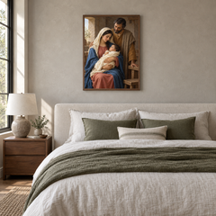 The Holy Family oil painting displayed in a neutral bedroom