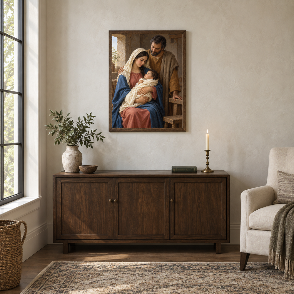 The Holy Family oil painting displayed in a walnut prayer and reading alcove