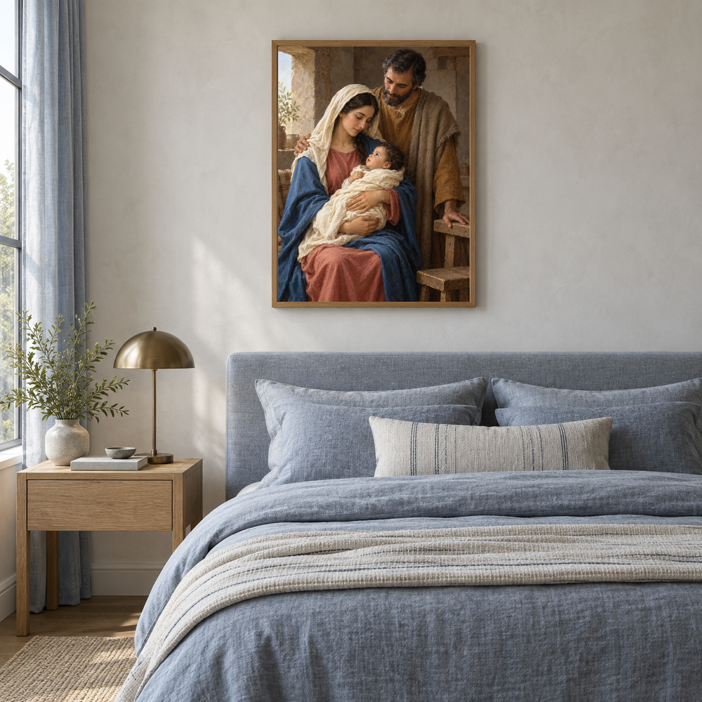 The Holy Family oil painting displayed in a blue linen bedroom
