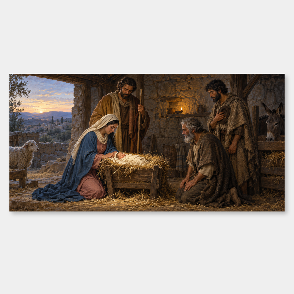Nativity in Quiet Light – Birth of Jesus Oil Painting on a neutral gray background