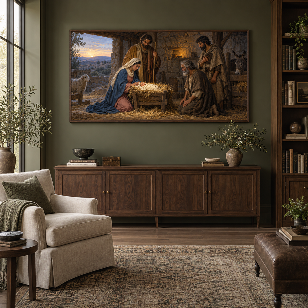 Nativity in Quiet Light oil painting displayed in a olive home library
