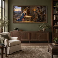 Nativity in Quiet Light oil painting displayed in a olive home library