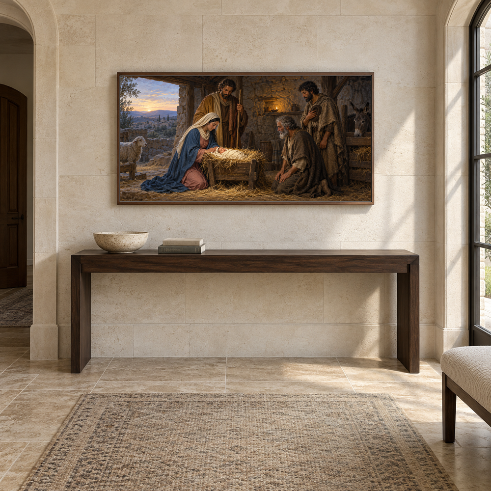 Nativity in Quiet Light oil painting displayed in a limestone entry gallery