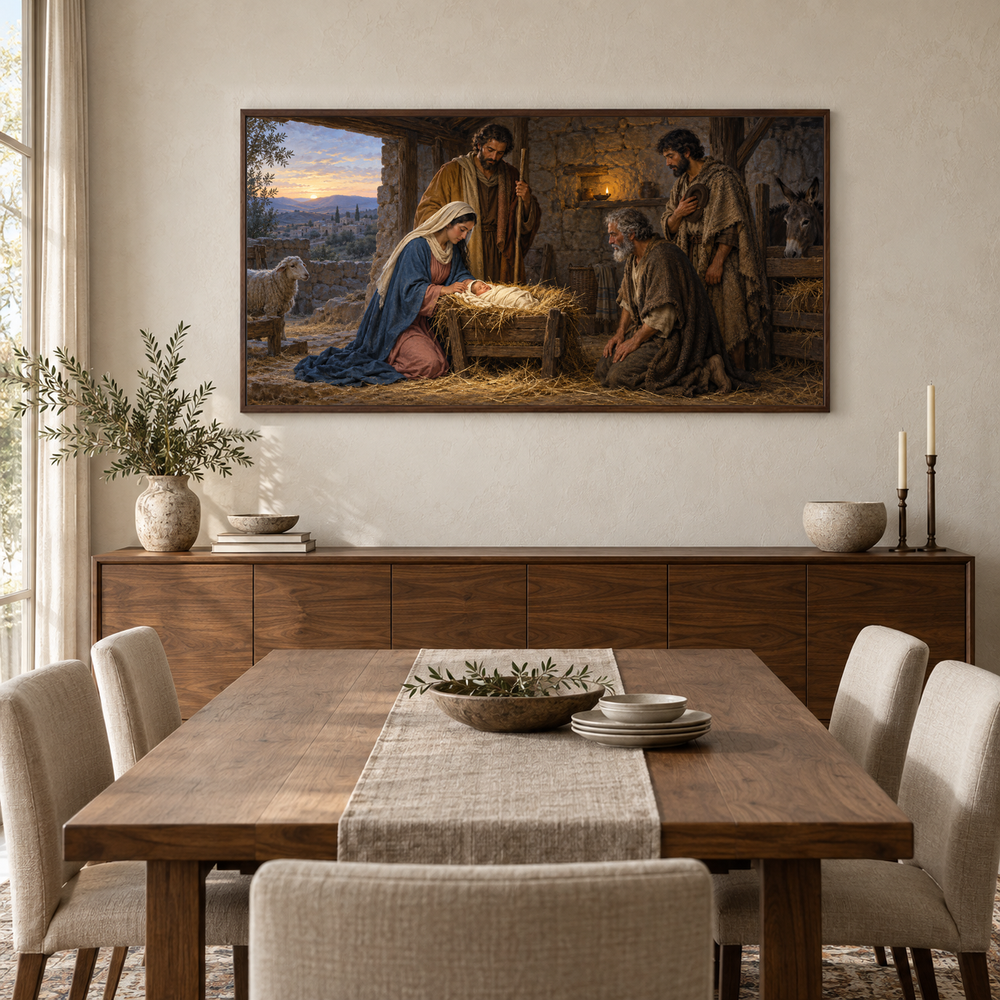 Nativity in Quiet Light oil painting displayed in a walnut dining room