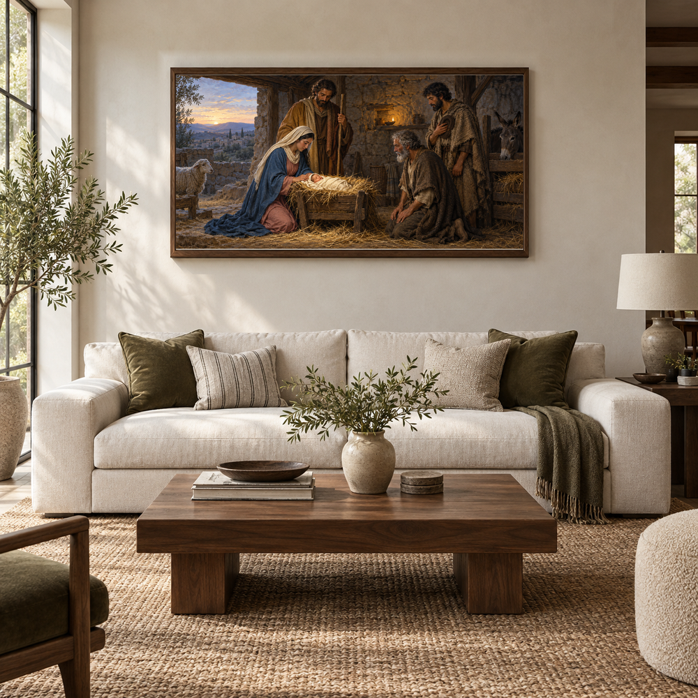 Nativity in Quiet Light oil painting displayed in a ivory and walnut living room