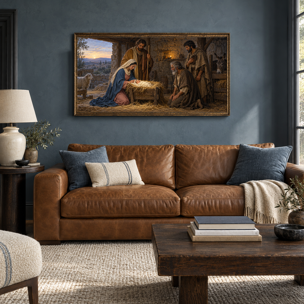 Nativity in Quiet Light oil painting displayed in a blue-gray den with a caramel sofa