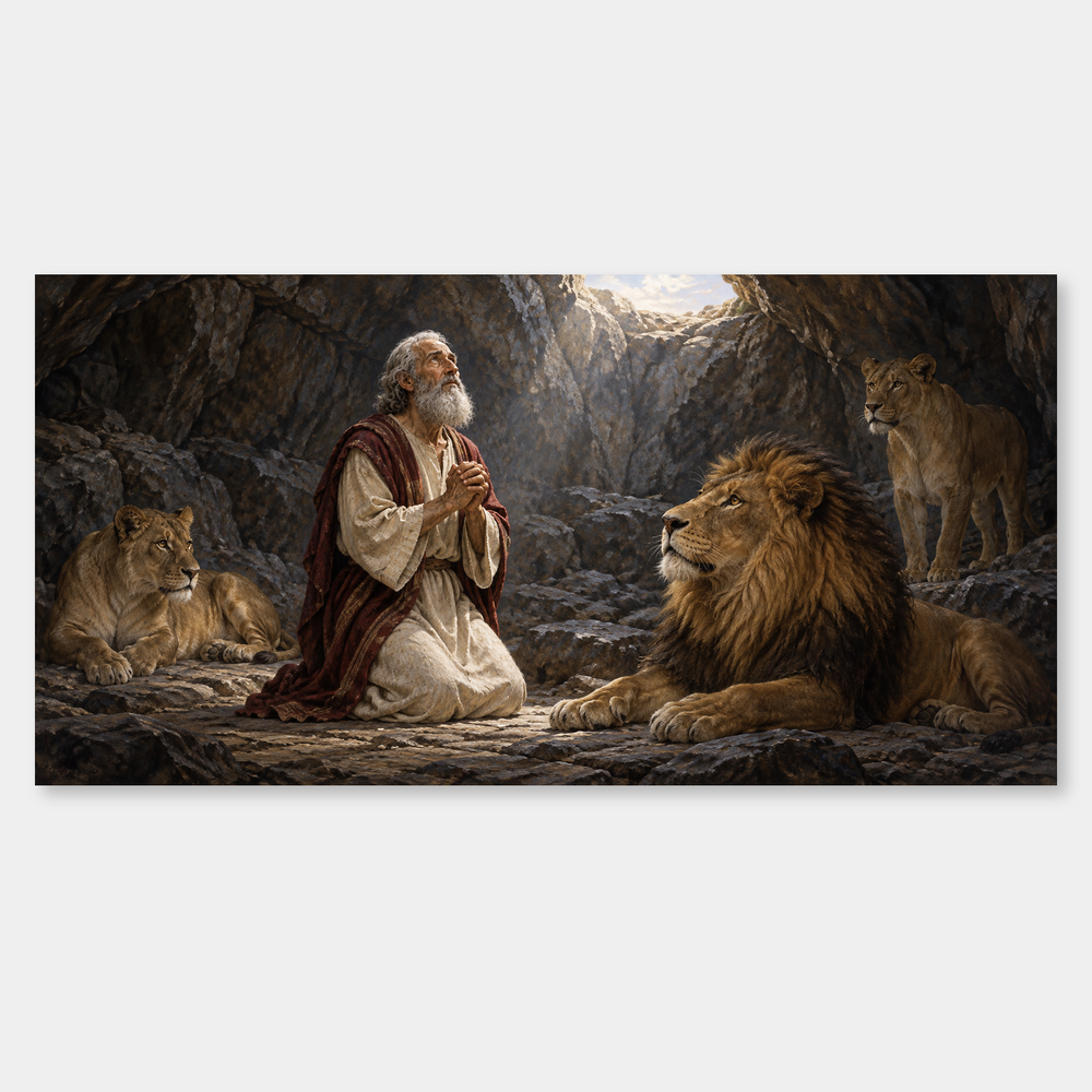 Daniel in the Lions' Den – Biblical Oil Painting on a neutral gray background
