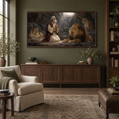 Daniel in the Lions' Den oil painting displayed in a olive home library