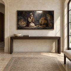 Daniel in the Lions' Den oil painting displayed in a limestone entry gallery