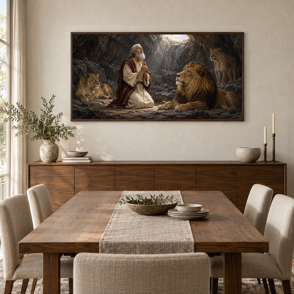 Daniel in the Lions' Den oil painting displayed in a walnut dining room