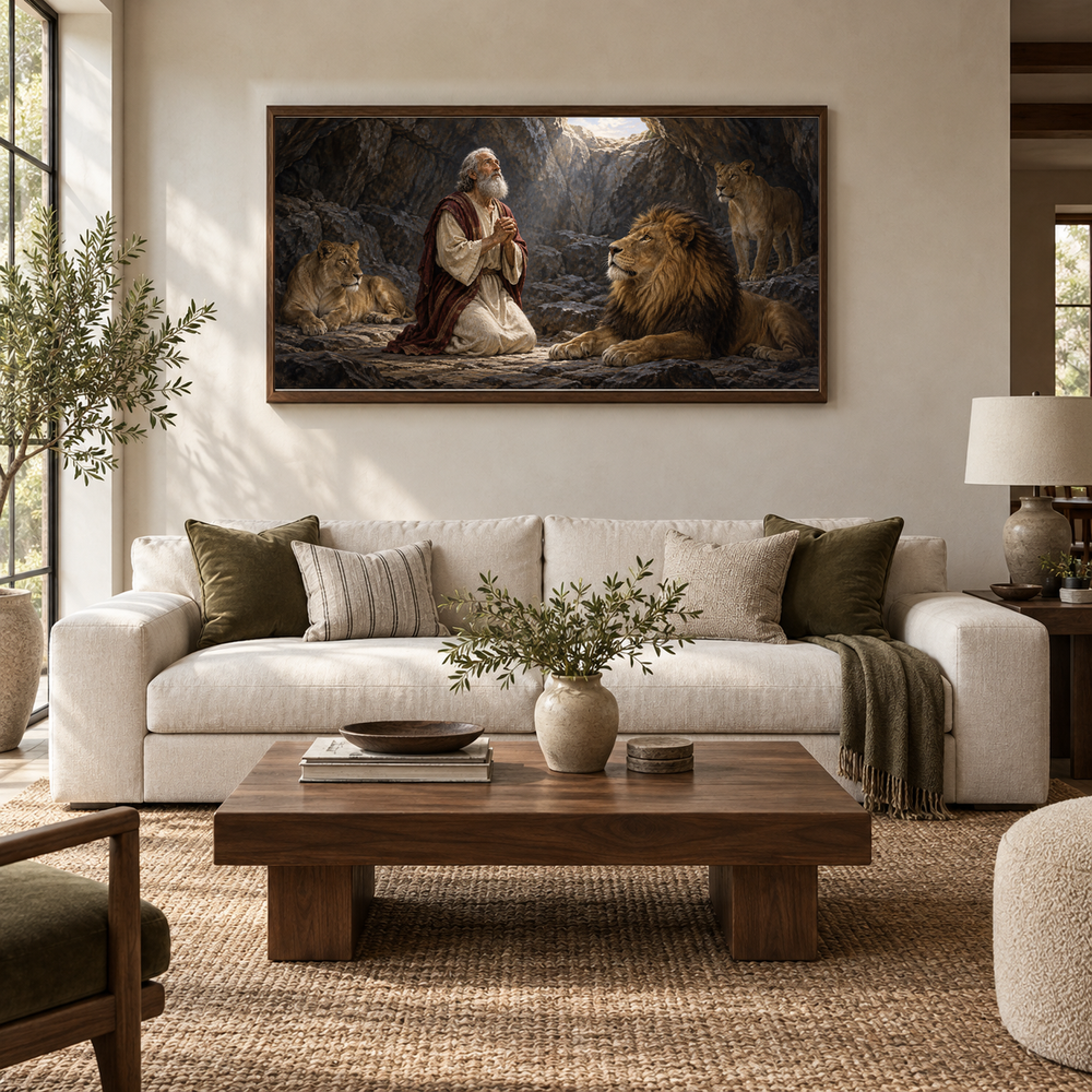 Daniel in the Lions' Den oil painting displayed in a ivory and walnut living room