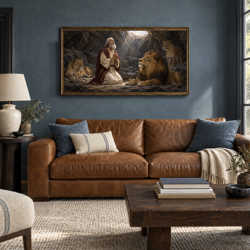 Daniel in the Lions' Den oil painting displayed in a blue-gray den with a caramel sofa