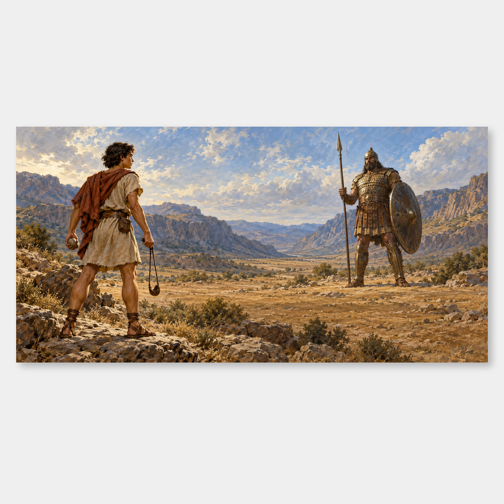 David and Goliath – Courage and Faith Oil Painting on a neutral gray background