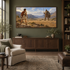 David and Goliath oil painting displayed in a olive home library