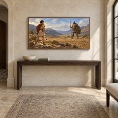David and Goliath oil painting displayed in a limestone entry gallery