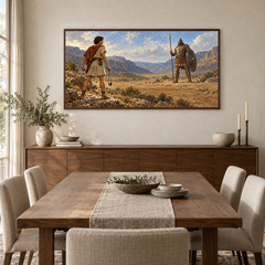 David and Goliath oil painting displayed in a walnut dining room