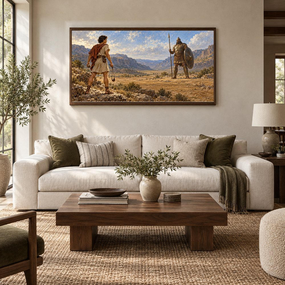 David and Goliath oil painting displayed in a ivory and walnut living room