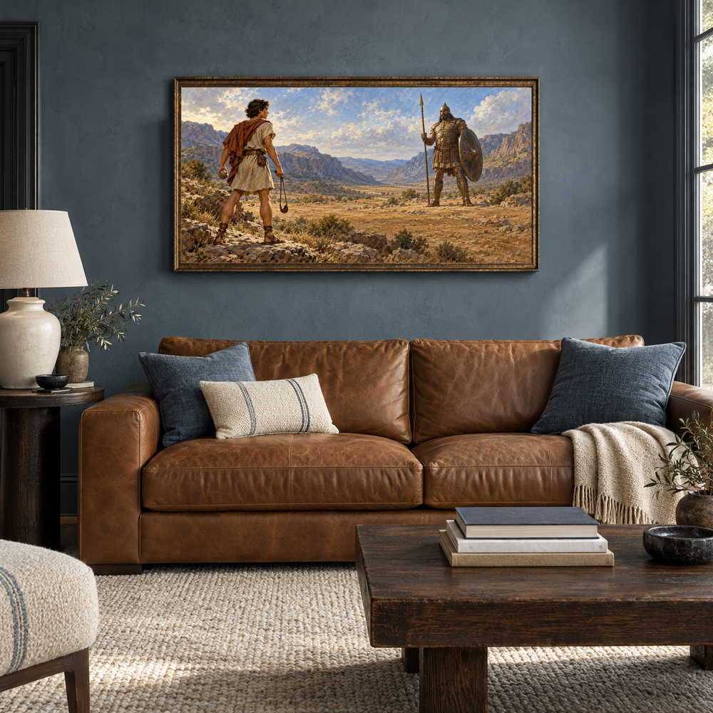 David and Goliath oil painting displayed in a blue-gray den with a caramel sofa