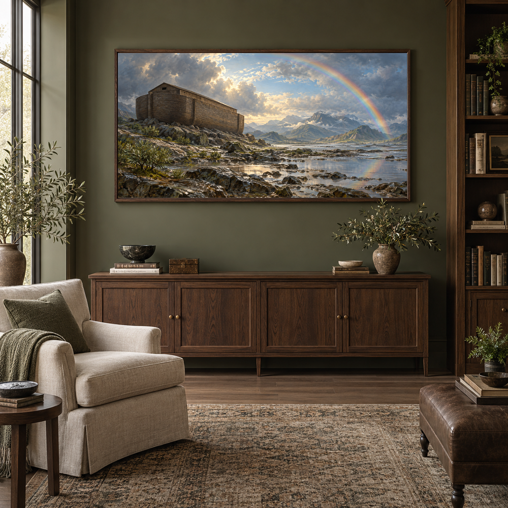 Noah's Ark After the Storm oil painting displayed in a olive home library
