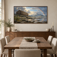 Noah's Ark After the Storm oil painting displayed in a walnut dining room