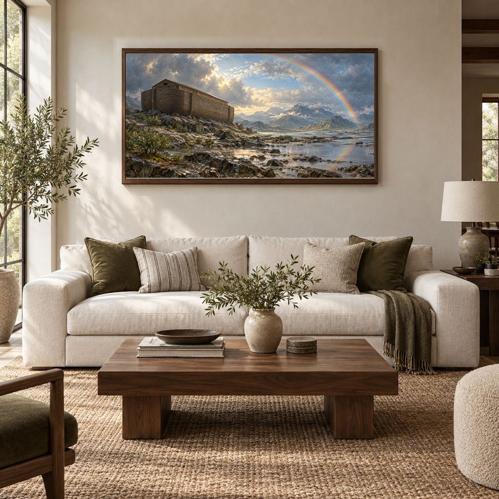 Noah's Ark After the Storm oil painting displayed in a ivory and walnut living room