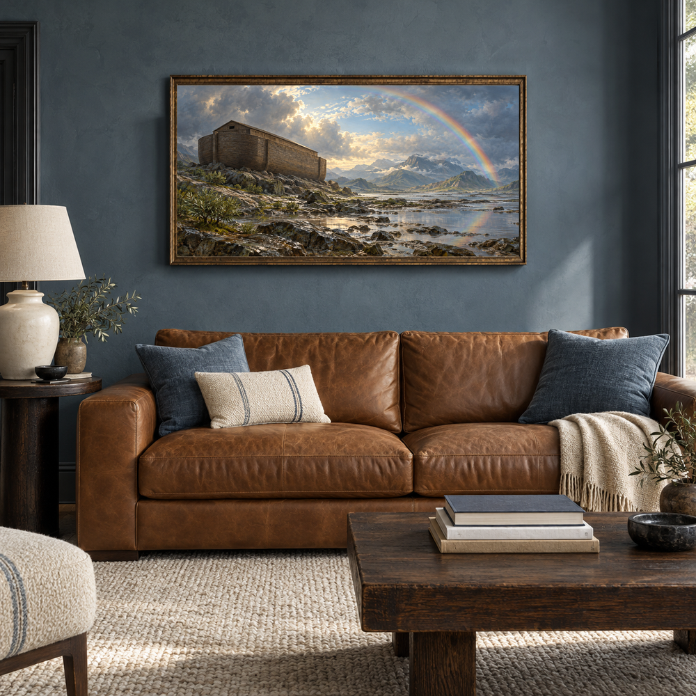 Noah's Ark After the Storm oil painting displayed in a blue-gray den with a caramel sofa