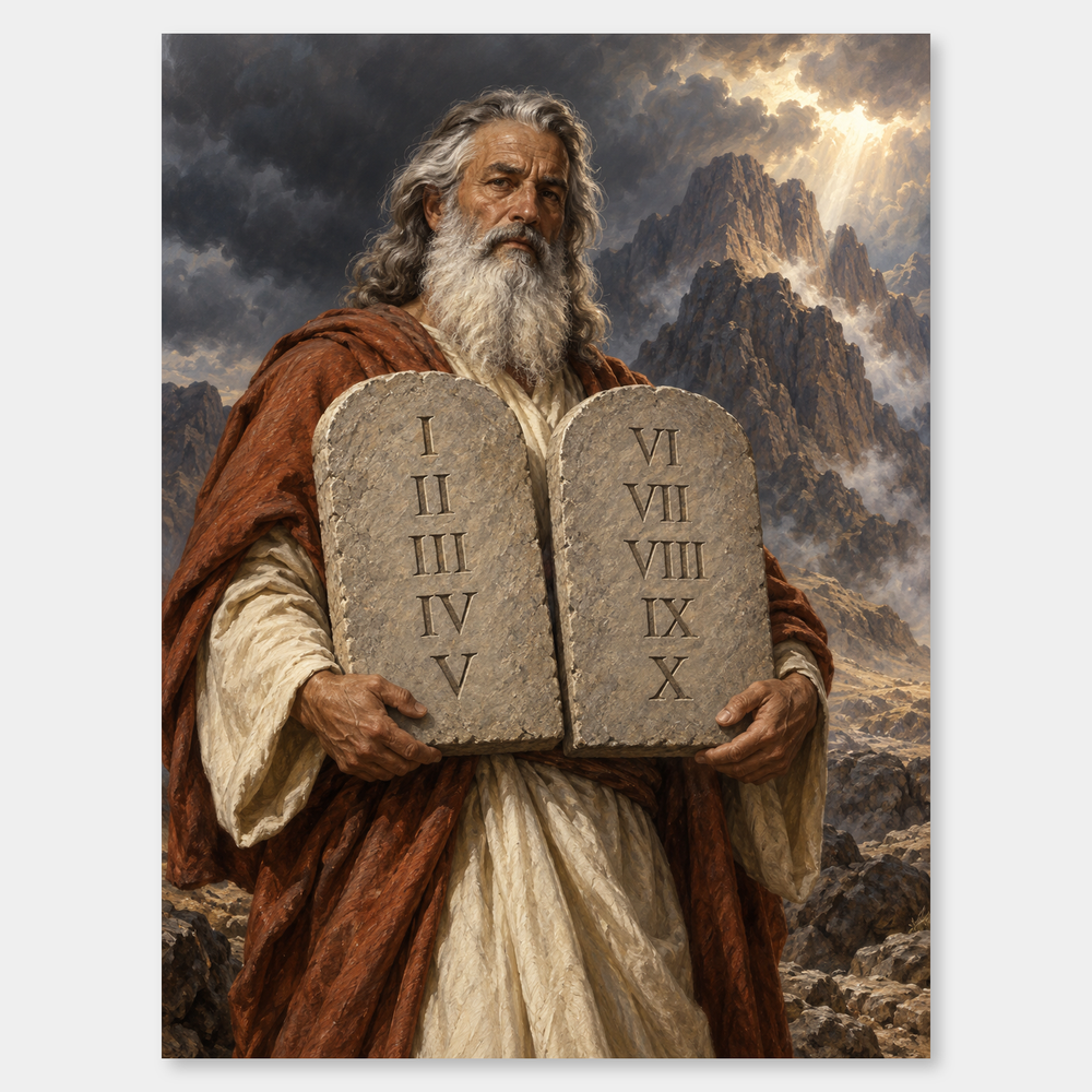 The Ten Commandments – Moses with Tablets Painting on a neutral gray background