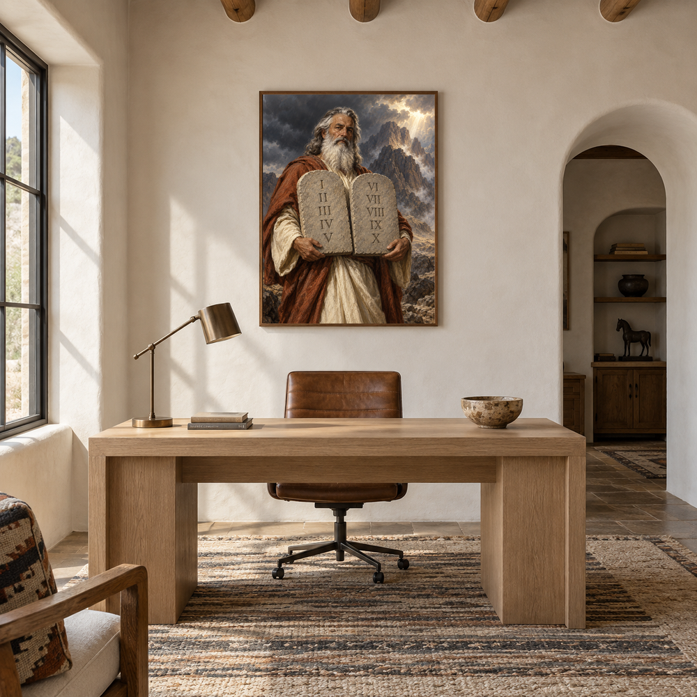 The Ten Commandments oil painting displayed in a study