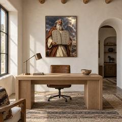 The Ten Commandments oil painting displayed in a study