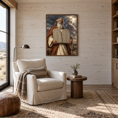 The Ten Commandments oil painting displayed in a reading room