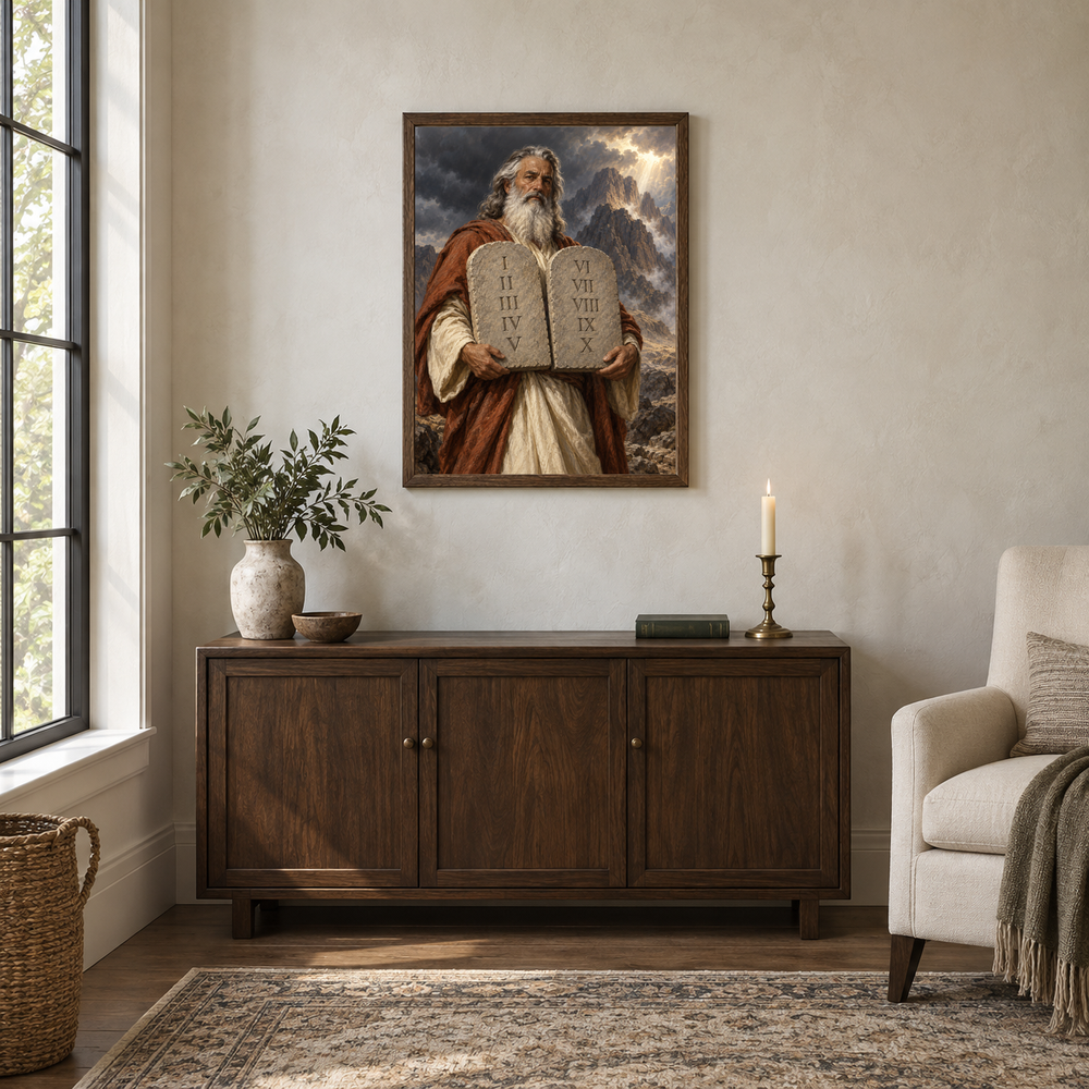 The Ten Commandments oil painting displayed in a walnut prayer and reading alcove