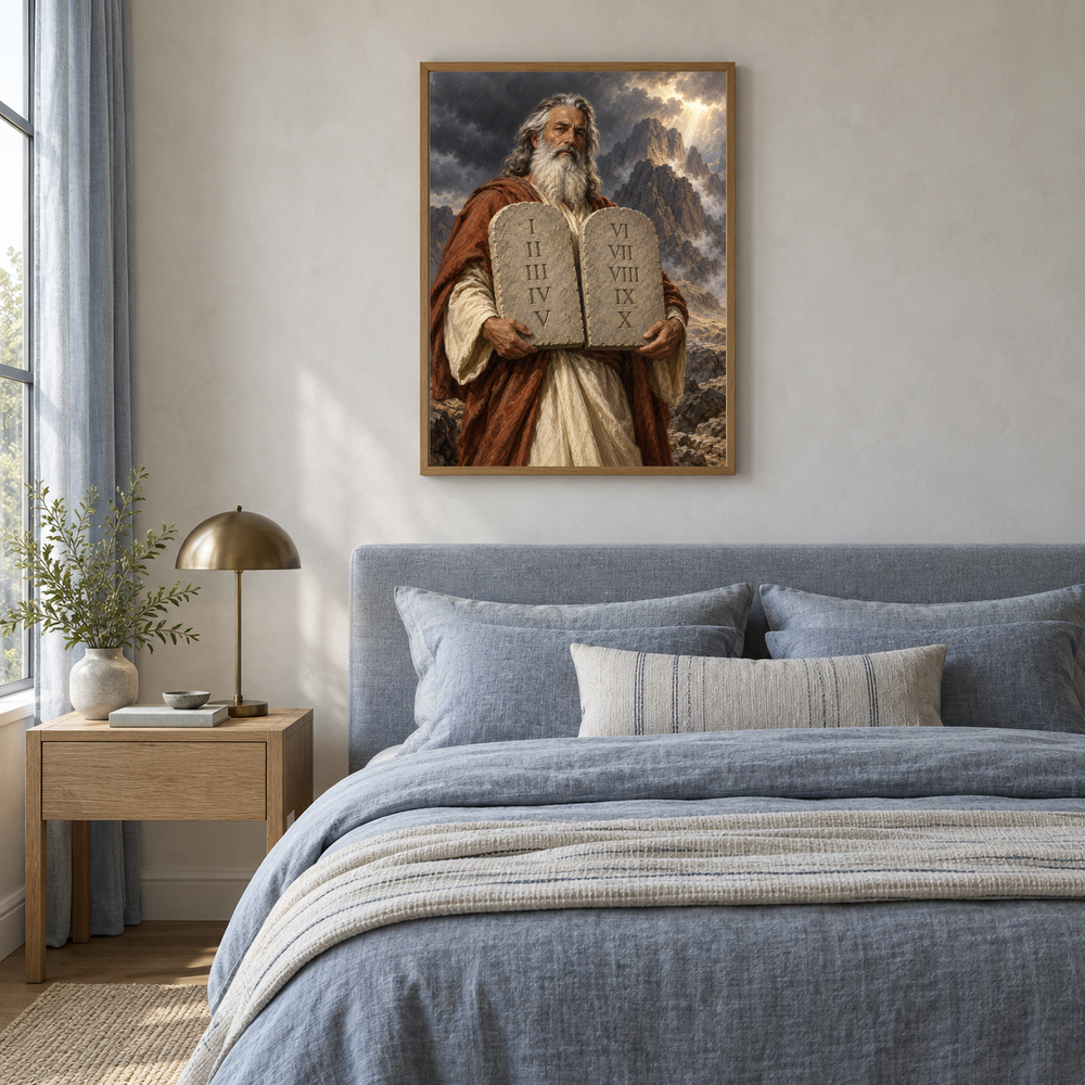 The Ten Commandments oil painting displayed in a blue linen bedroom
