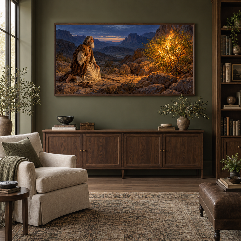 The Burning Bush oil painting displayed in a olive home library