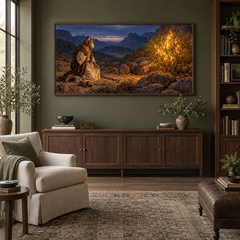 The Burning Bush oil painting displayed in a olive home library