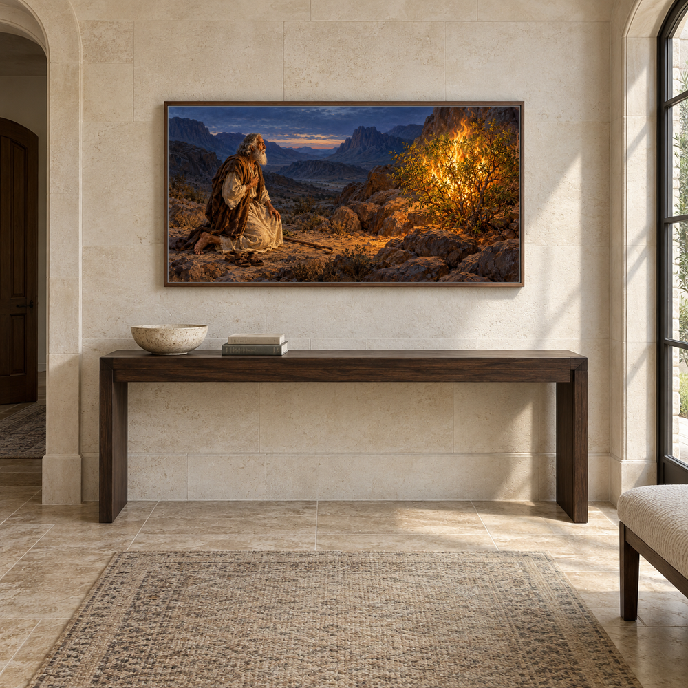 The Burning Bush oil painting displayed in a limestone entry gallery