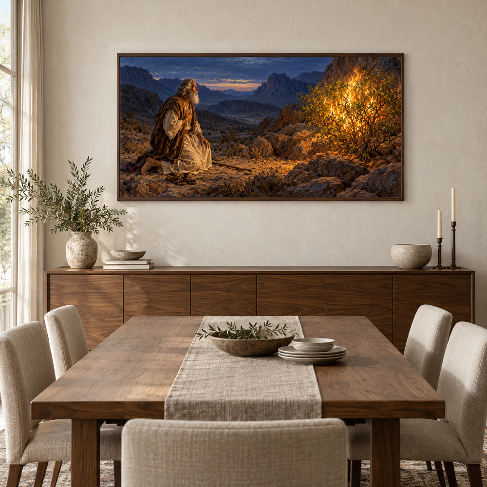 The Burning Bush oil painting displayed in a walnut dining room
