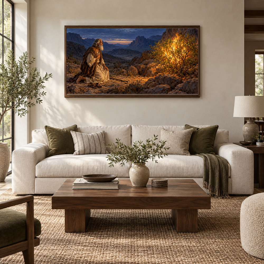 The Burning Bush oil painting displayed in a ivory and walnut living room