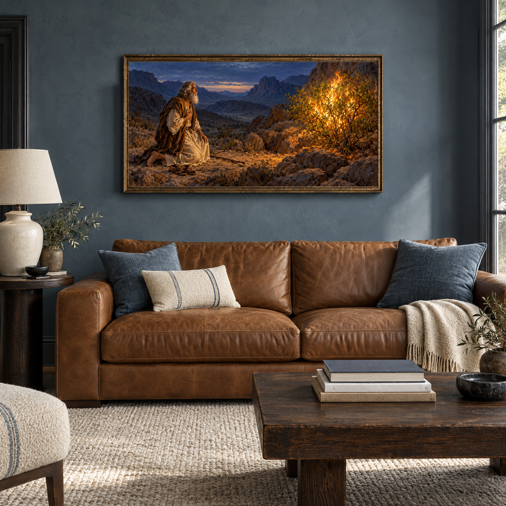 The Burning Bush oil painting displayed in a blue-gray den with a caramel sofa