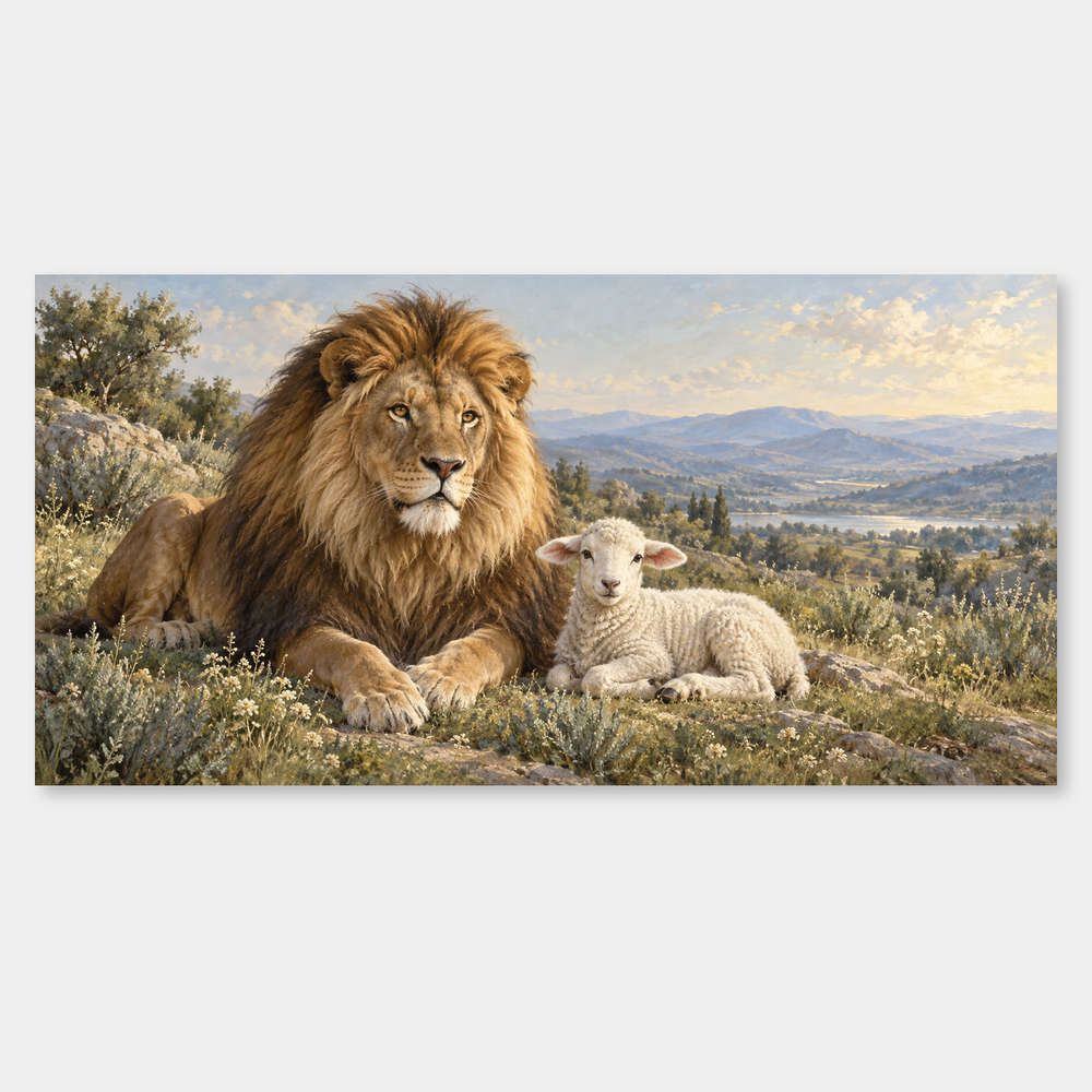 The Lion and the Lamb – Symbolic Christian Painting on a neutral gray background