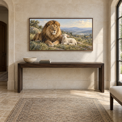 The Lion and the Lamb oil painting displayed in a limestone entry gallery