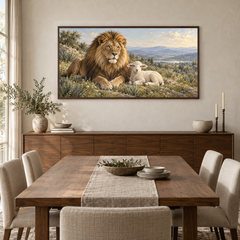 The Lion and the Lamb oil painting displayed in a walnut dining room