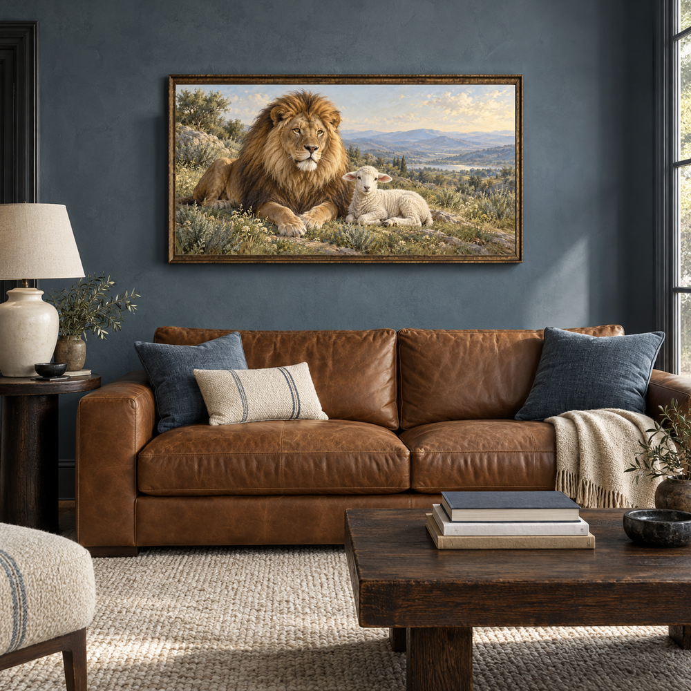 The Lion and the Lamb oil painting displayed in a blue-gray den with a caramel sofa