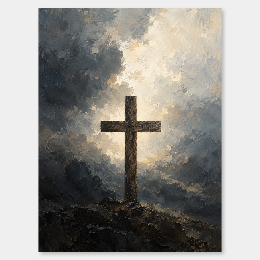 Cross – Light Through Darkness Oil Painting on a neutral gray background