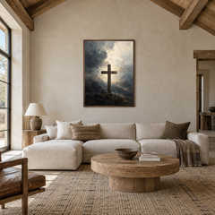 Cross oil painting displayed in a living room