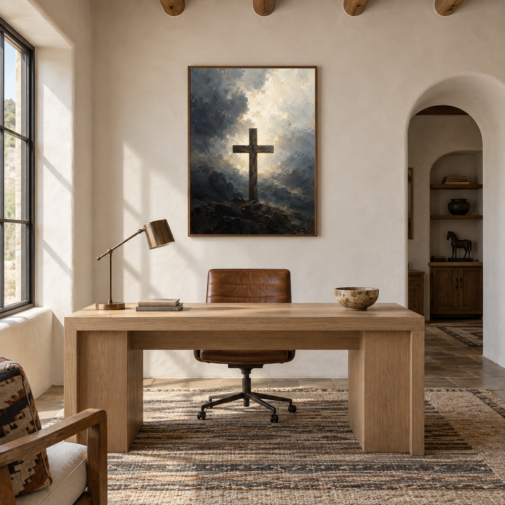 Cross oil painting displayed in a study