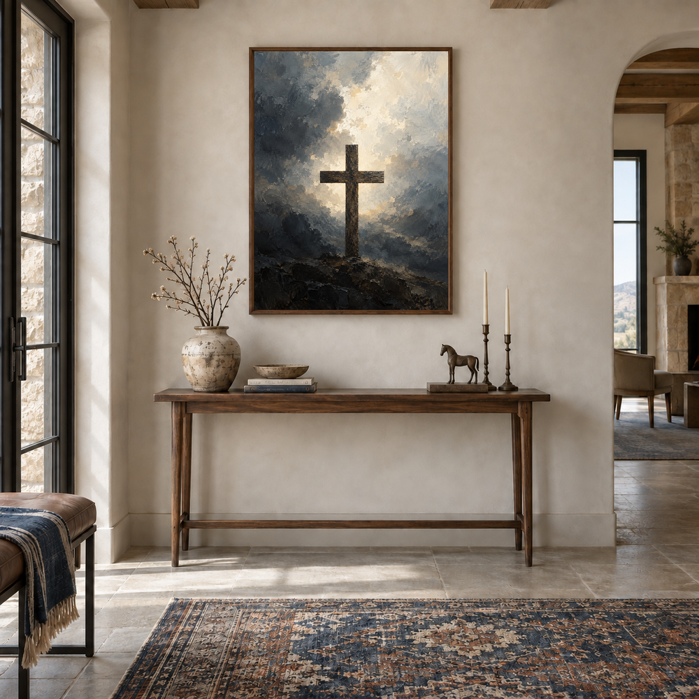 Cross oil painting displayed in a entryway