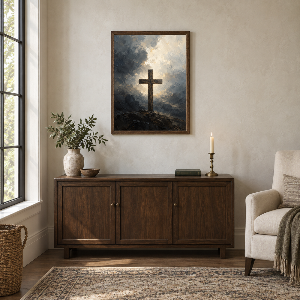 Cross oil painting displayed in a walnut prayer and reading alcove